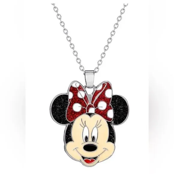 Disney Minnie Mouse Silver Tone Glitter Bow Pendant Adjustable 16” Necklace