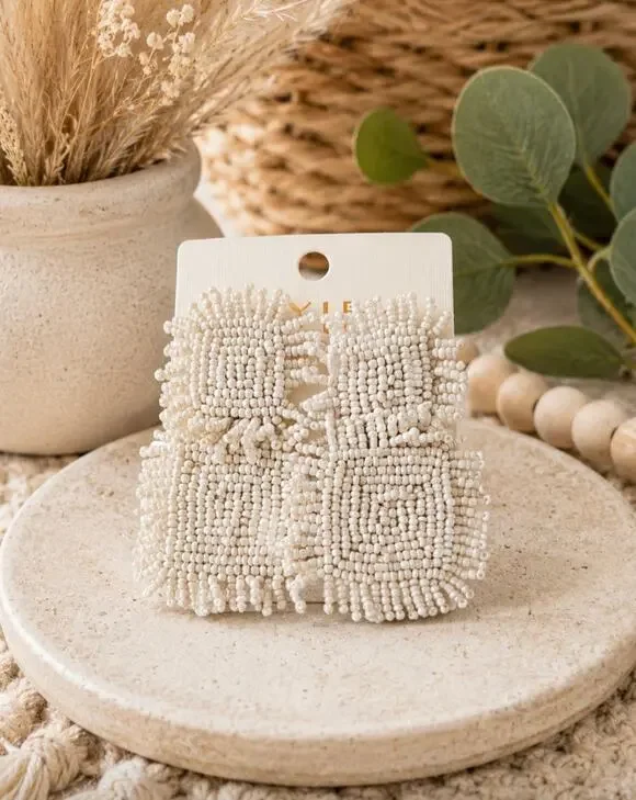 Kay Lee Off White Beaded Square Cut Earrings New