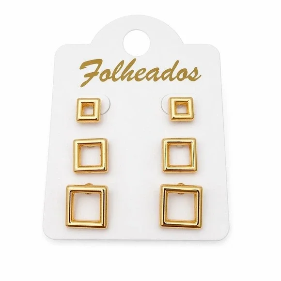 Gold Plated Square‎ Stud Earrings Set – 3 Pairs Geometric – Minimalist