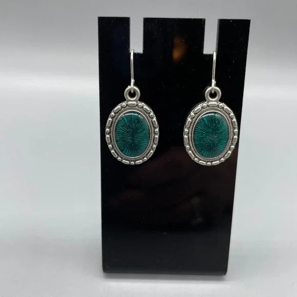 Vintage Style Teal Green Sunburst‎ Oval Drop Earrings Silver Tone Beaded Border