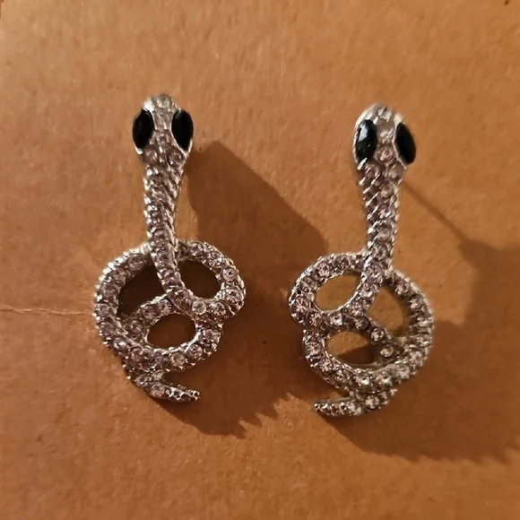 Silver and Rhinestone Snake Earrings, NWT