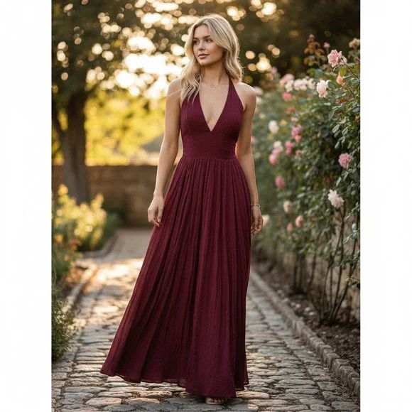 Boho Fairycore FP Look Into The Sun Maxi Dress Burgundy Halter Open‎ Back M