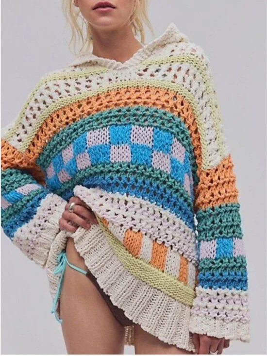 Free People Crochet Knit Hoodie Pullover Geometric Multicolor size XS/S