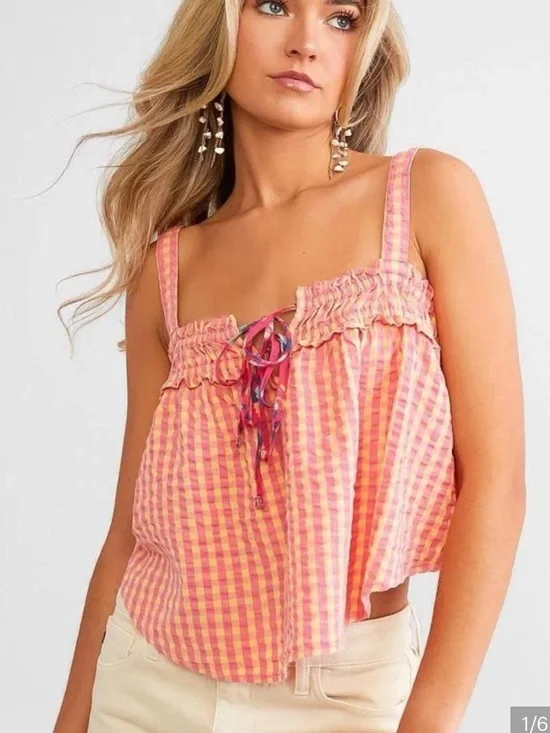 Free People Pink & Orange Gingham Ruffle Tie-Front Cami