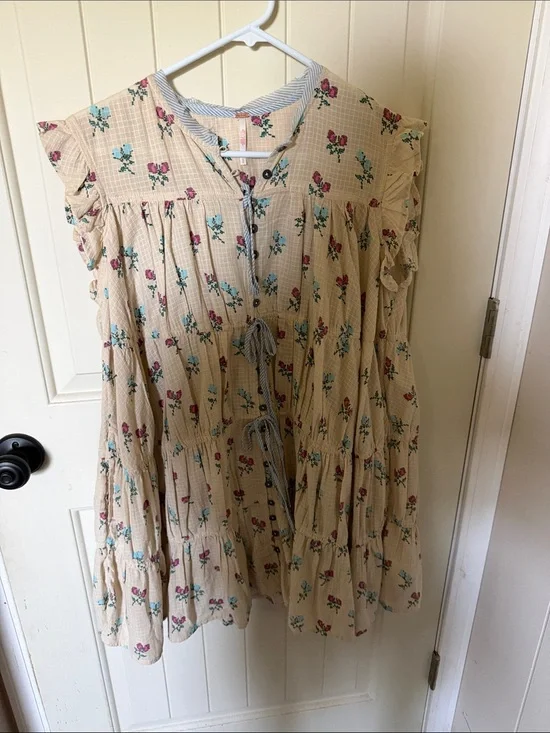 Free People Cream Floral Mini Dress with Pink and Teal Accents