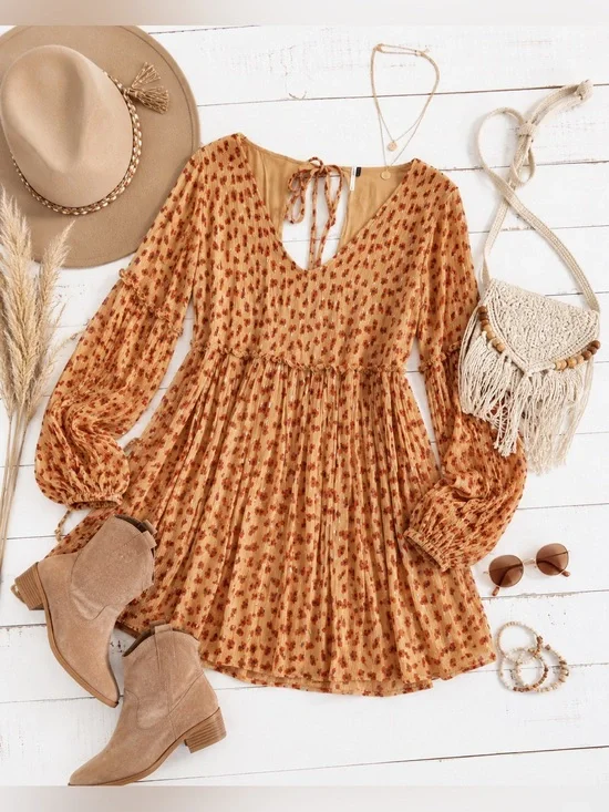 FREE PEOPLE Orange Floral Print Babydoll Mini Dress Size Large!