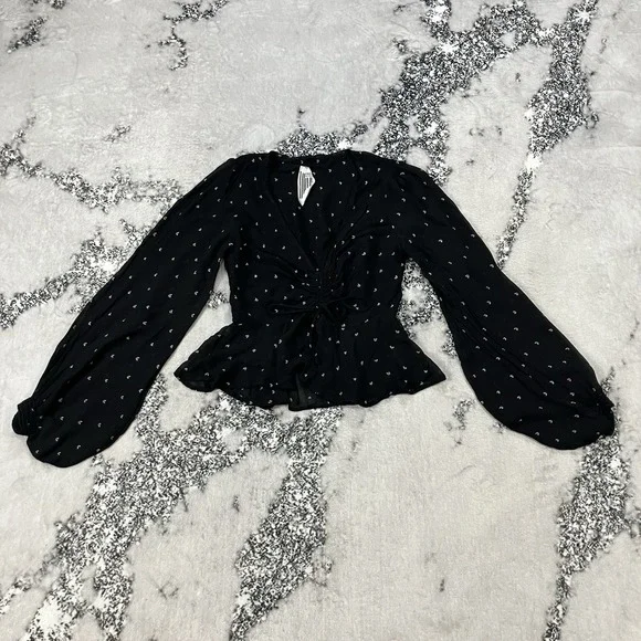 Free People Moon Child Black Crescent Moon Ruched Peplum Blouse Women's Size S