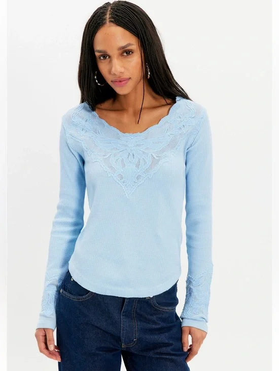Free People Butterfly Cuff Long Sleeve Top | Cashmere Blue | Small | NWT