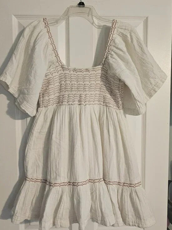 Free People Ivory Cotton Gauze Smocked Tie Back Mini Dress Size Small
