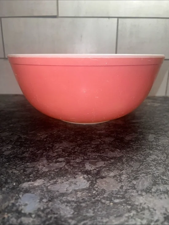 404 Vintage Pyrex Coral Pink  Mixing Bowl with White Interior.