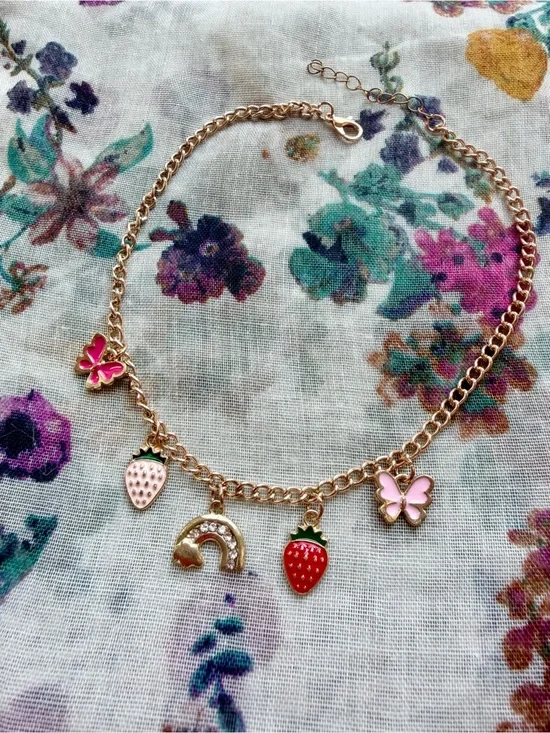 Butterfly Strawberry Rainbow Charm Gold Tone Necklace Kawaii Cottagecore