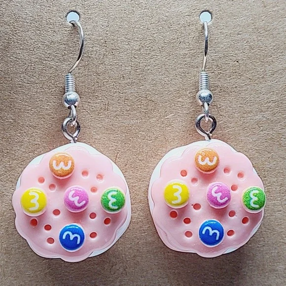 Handmade‎ Pink Sandwich Cookie Drop Earrings Food Jewelry Candy Accents