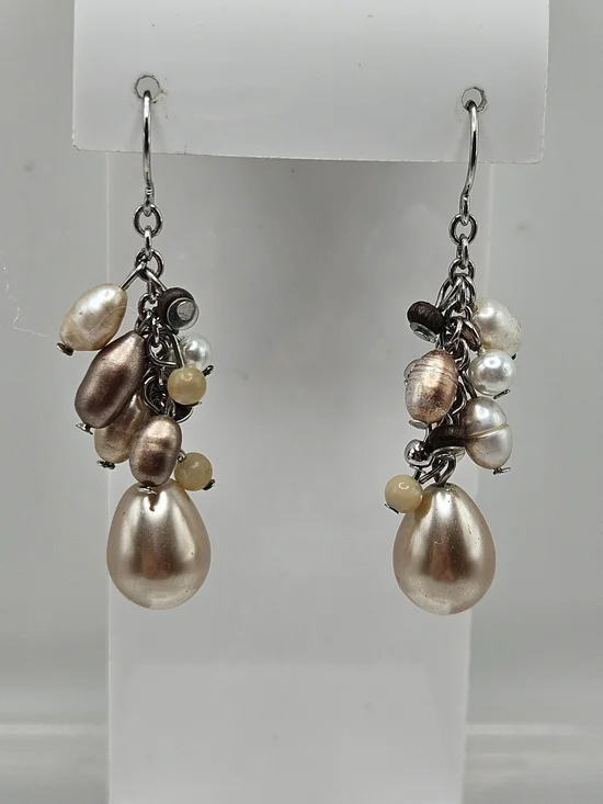 VINTAGE Mixed Color Freshwater Pearl Cluster Dangle Drop Earrings French Wire