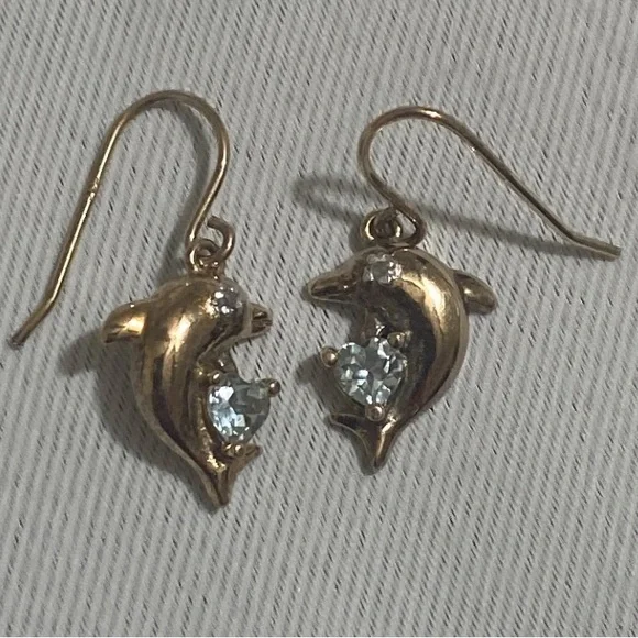 925 Sterling Silver Dolphin Earrings w CZs & Blue Topaz Gem Stones