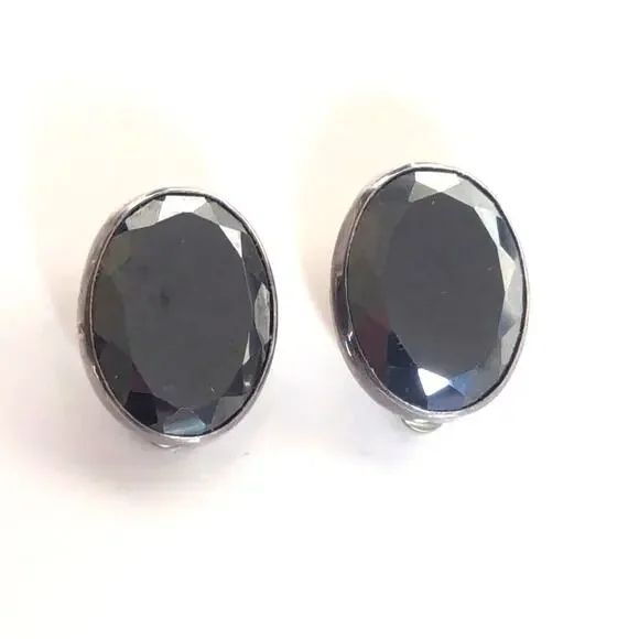 Vintage S.J. Sterling Silver Faceted Hematite Boho Retro Clip On Earrings