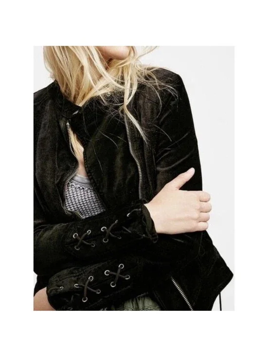 FREE PEOPLE Black Lacey Velvet Moto Jacket Lace Up Sleeve Corset Biker XS