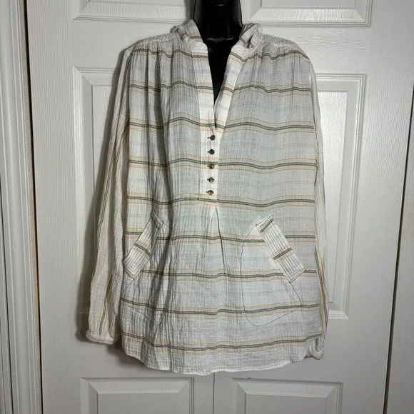 Free People Rolling Clouds 100% Cotton Gauze Tunic Women M Cream Striped Hooded