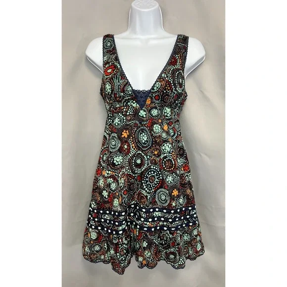 Free People Dress Multicolor With Abstract Pattern Crochet Lace Deep V Sz 0‎ VtG
