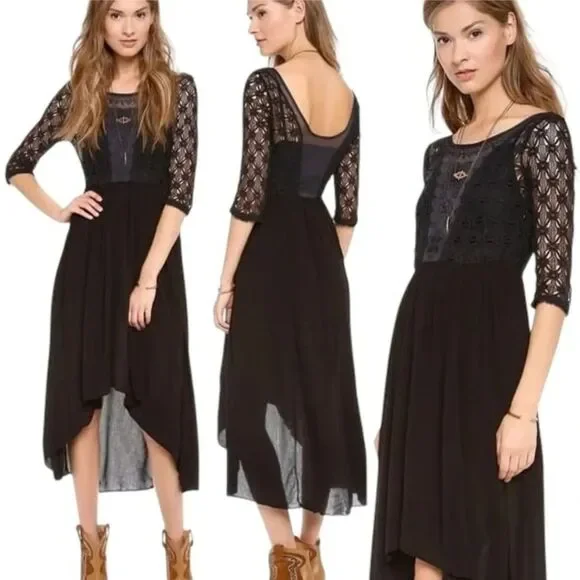 Free People Lonesome Dove Midi Dress Size 6 Black Crochet Knit Lace Whimsigoth