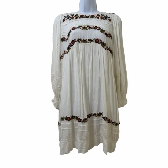 Free People Pasadena Embroidered Floral Mini Dress Size XS White Western‎ Boho