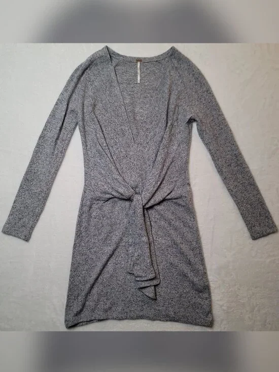 Free People Ginger Cozy Tie Front Sweater Dress Heather Gray Mini XS Long Sleeve