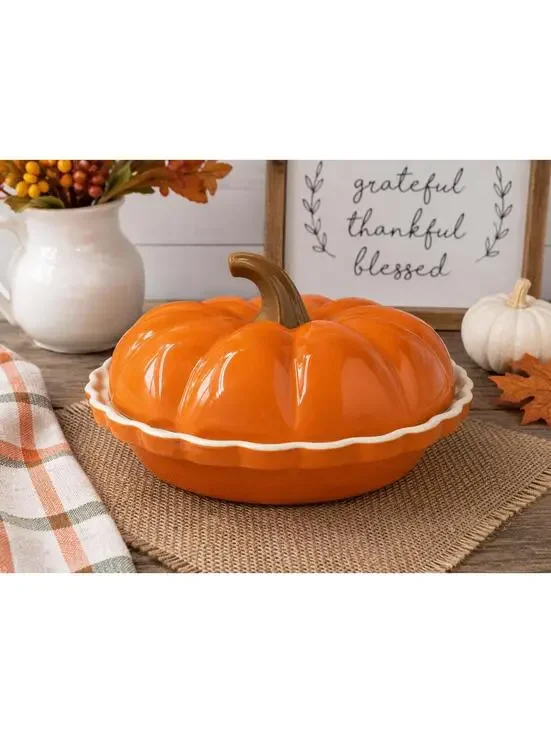 Ceramic Pumpkin Covered Pie Dish Bakeware Orange Fall Thanksgiving Decor 9
