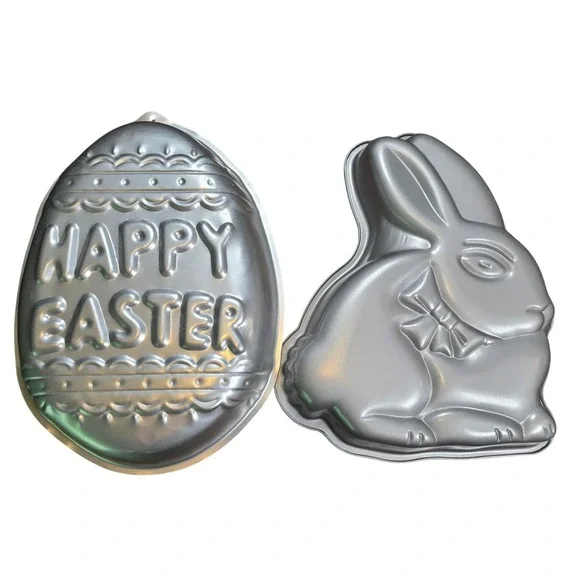 Vintage Wilton 1983 Happy Easter Egg and Bunny Rabbit Aluminum Cake Pan Set 2pc