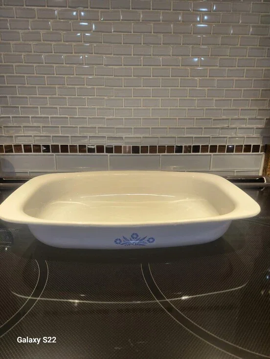 Corningware P-21 Roaster White Ceramic Lasagna Baking Dish with Blue Cornflower