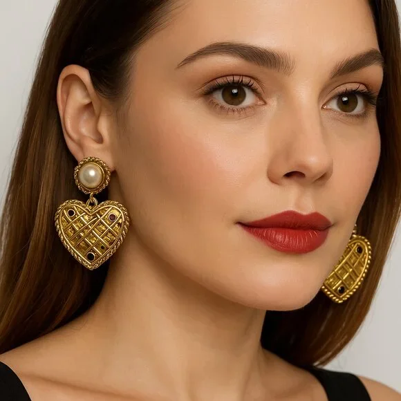 Cabi Gold Heart Post Drop Earrings – Vintage Inspired‎