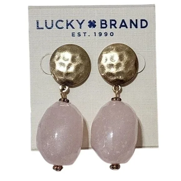 Lucky Brand Pink‎ Stone Hammered Gold Tone Drop Earrings Rose Quartz Boho Post