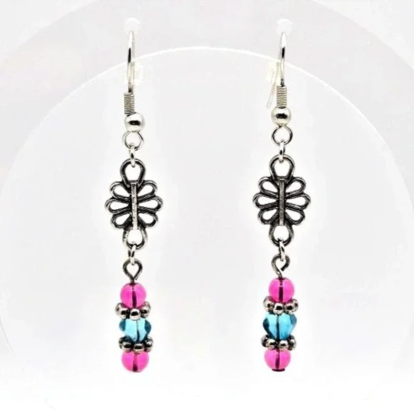 Silvertone‎ Drop Dangle Hook Pierced Earrings with Blue and Pink Glass Beads