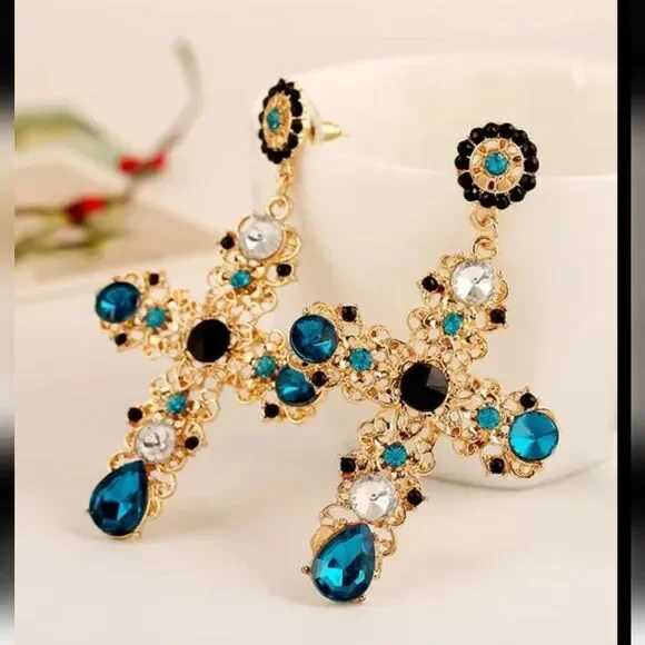 NWOT Baroque Cross Earrings - Turquoise