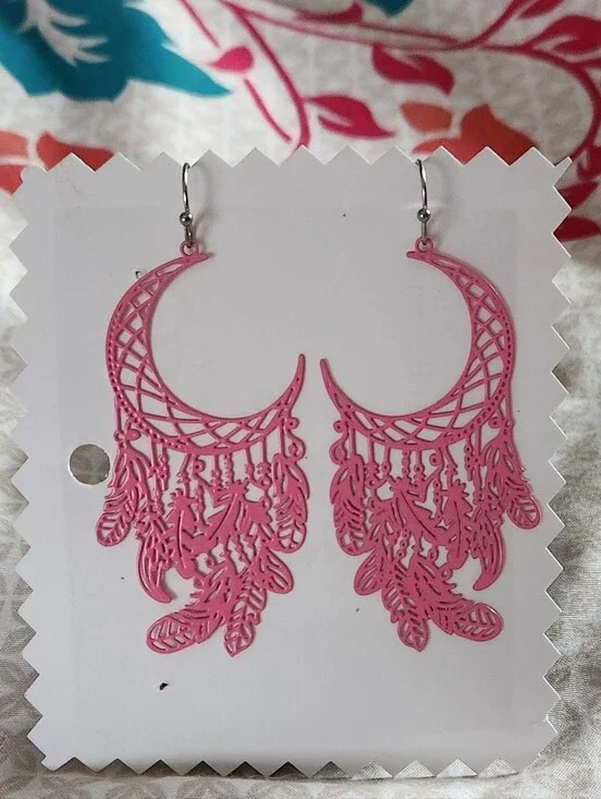Delicate Pink Filigree Feather Drop Earrings