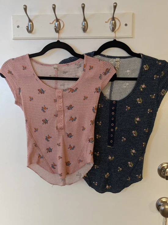 Free People Short-Sleeve Waffle Henley Tops - Pink & Navy