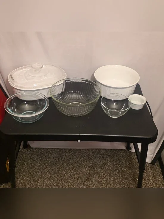 Vintage CorningWare French White & Pyrex Mixing Bowl Set (7 Pieces)
