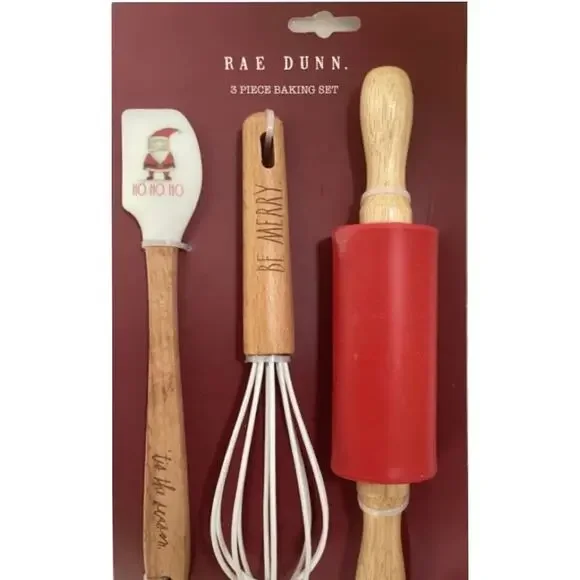 RAE‎ DUNN Christmas Red 3 Piece Baking Set Spatula, Whisk & Rolling Pin