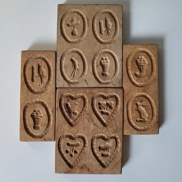 Antique Wooden‎ Springerle Cookie Molds Set of 4 Hand Carved Owl, Rabbit, Hearts