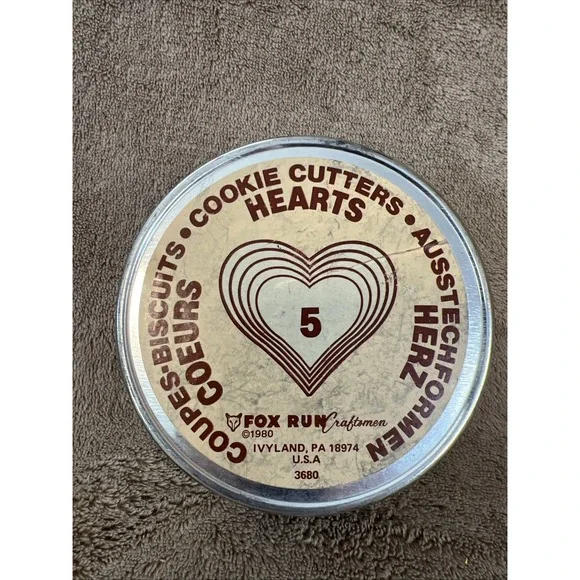 Vintage Fox Run Craftsmen Heart Cookie Cutter Set 5pc 1980 w/ Tin Box‎ Baking