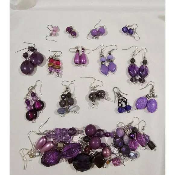 Purple Bead Earrings / Lot of 14 /‎ also miscellaneous mismatched pieces