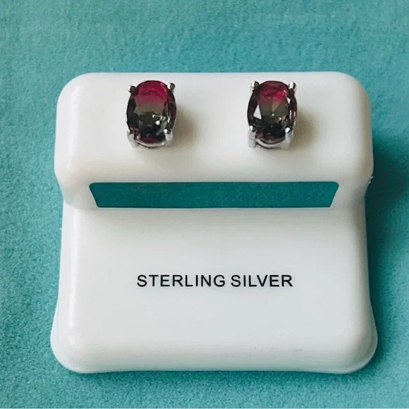 925 Sterling Silver‎ oval Watermelon tourmaline Earrings