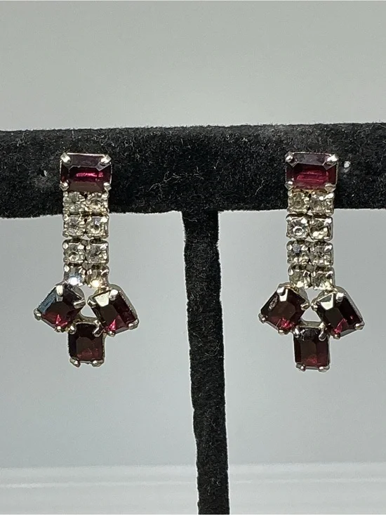 Vintage Silver-Tone Amethyst Purple Rhinestone Dangle Earrings, Screw-Back