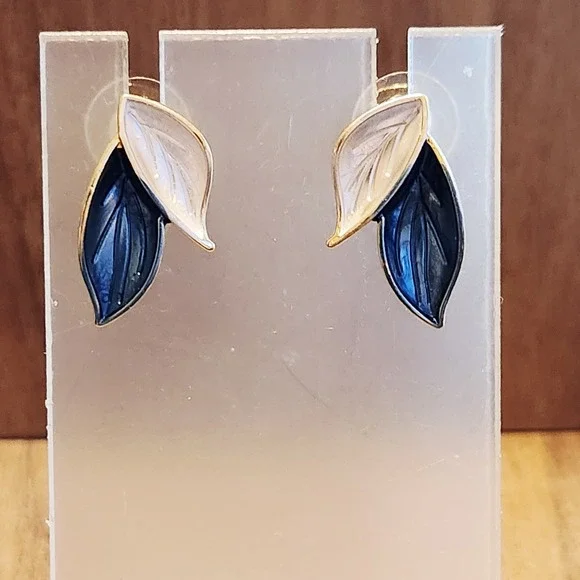 Womens Navy Blue and Cream‎ Enamel Double Leaf Gold Tone Post Stud Earrings 1