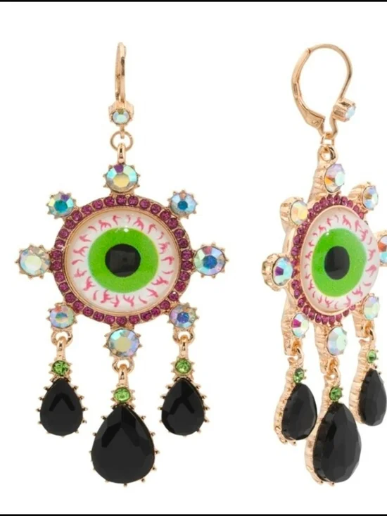 👉✨️ Betsey Johnson Neon Green Eye Drop Earrings with Black Teardrops