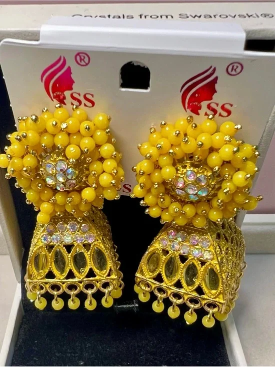 Yellow Beaded Gold-Tone Jhumka Earrings by