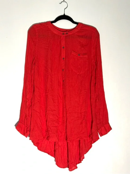 Free People Red Button Front High Low Tunic Blouse Long Sleeve Top S