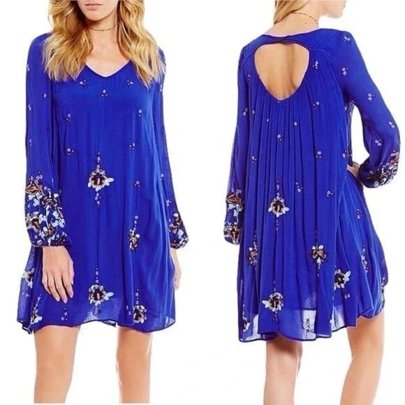 Free People Oxford Babydoll Embroidered Bell Sleeves Cobalt Blue Swing Dress M