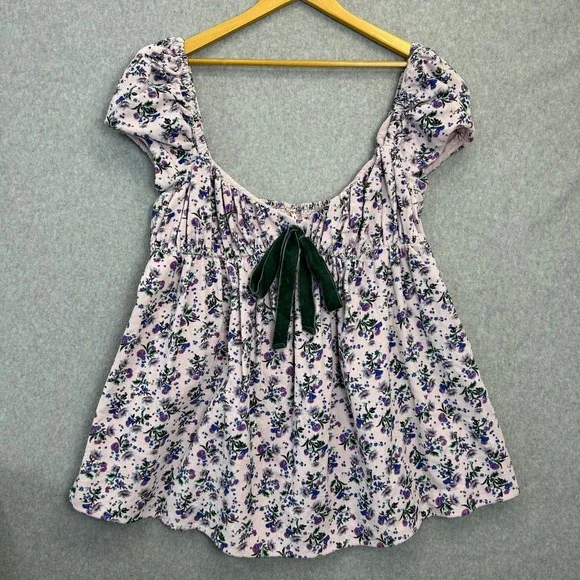 Free People Large Babydoll Top Pink Gaia Corduroy Floral Puff Sleeve Velvet Bow
