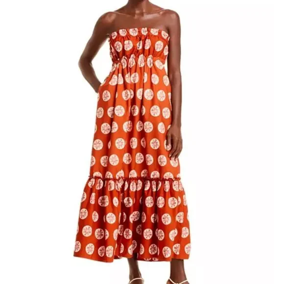 Free People Leanna Strapless Ruffle  Maxi Dress rust white Pullover Cotton S