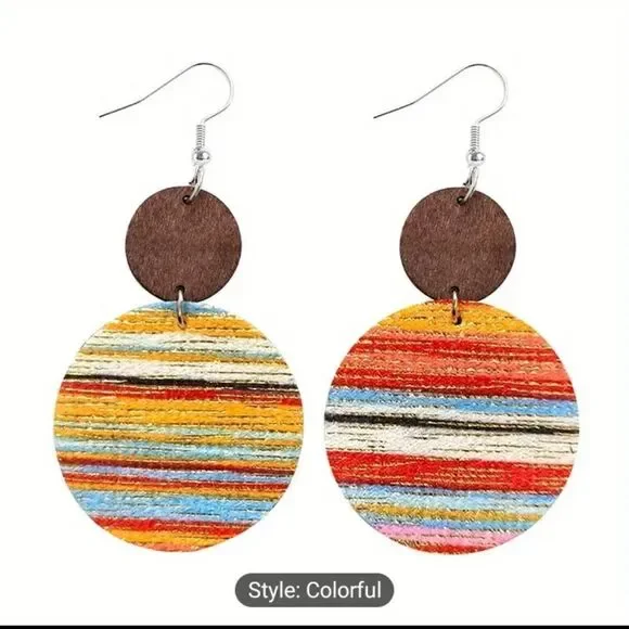 Women's earrings dangle wooden suede‎ velvet circle new e3
