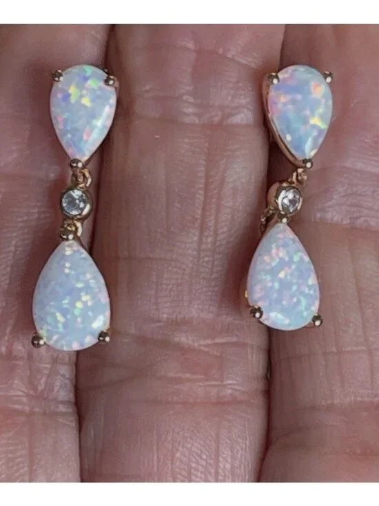 925 Sterling Silver Rose Gold Plated White Fire Opal Pear Drop Dangle Earrings